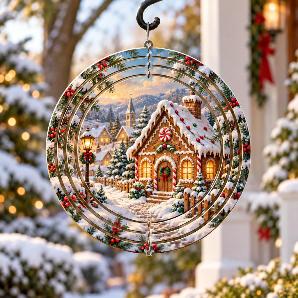 Gingerbread House Vintage Holiday Wind Spinner with printed dimensional holiday artwork