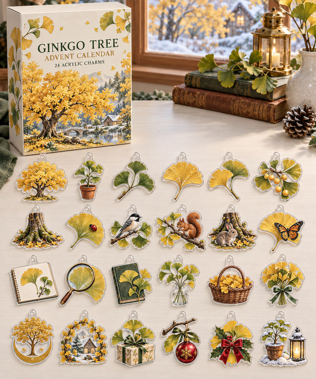 Ginkgo Tree advent calendar with 24 custom-shaped flat acrylic charms and printed dimensional artwork