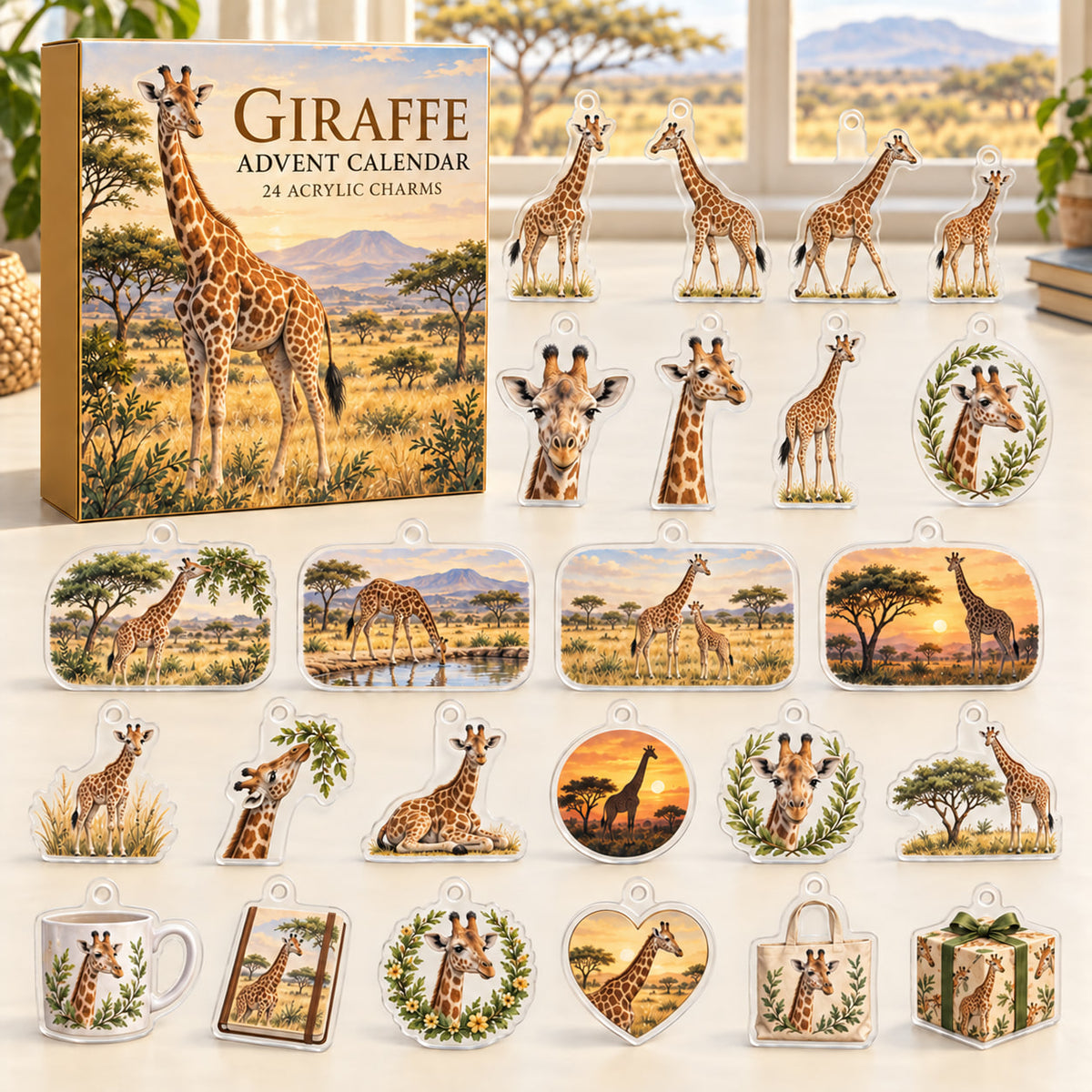 Giraffe advent calendar box with 24 themed flat printed acrylic charms