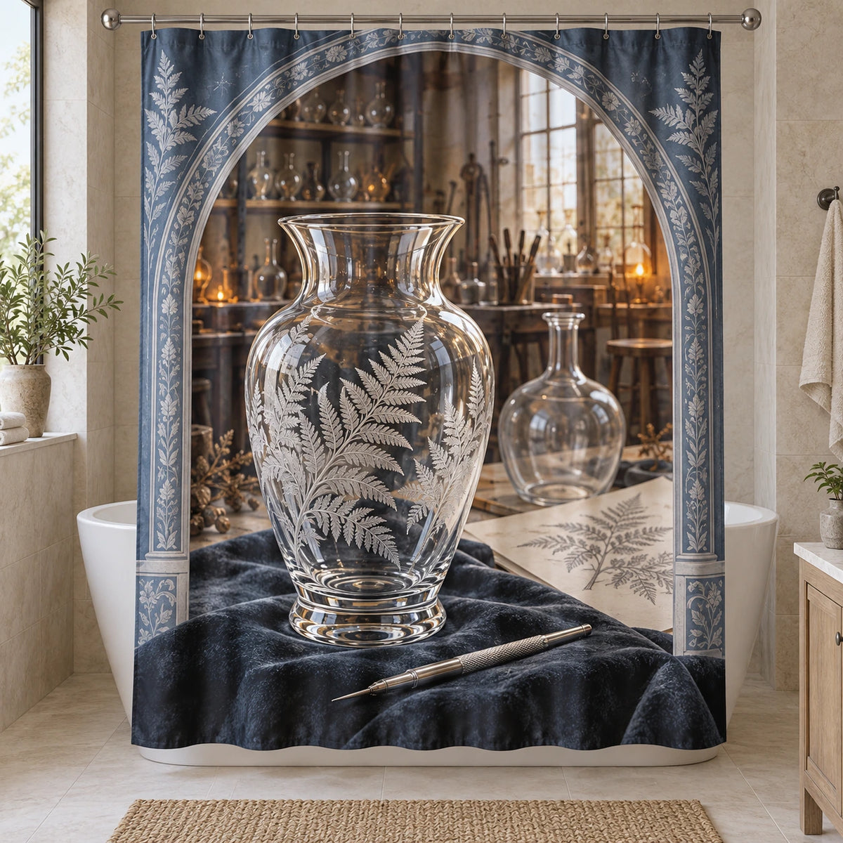 Glass Engraving Atelier Shower Curtain with original printed optical 3D artwork