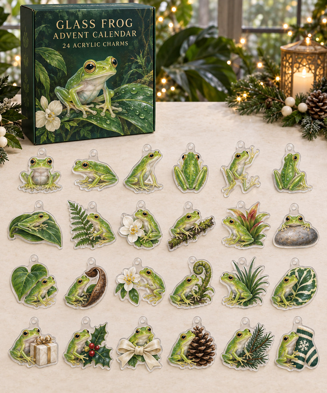 Glass Frog advent calendar with 24 custom-shaped flat acrylic charms and printed dimensional artwork