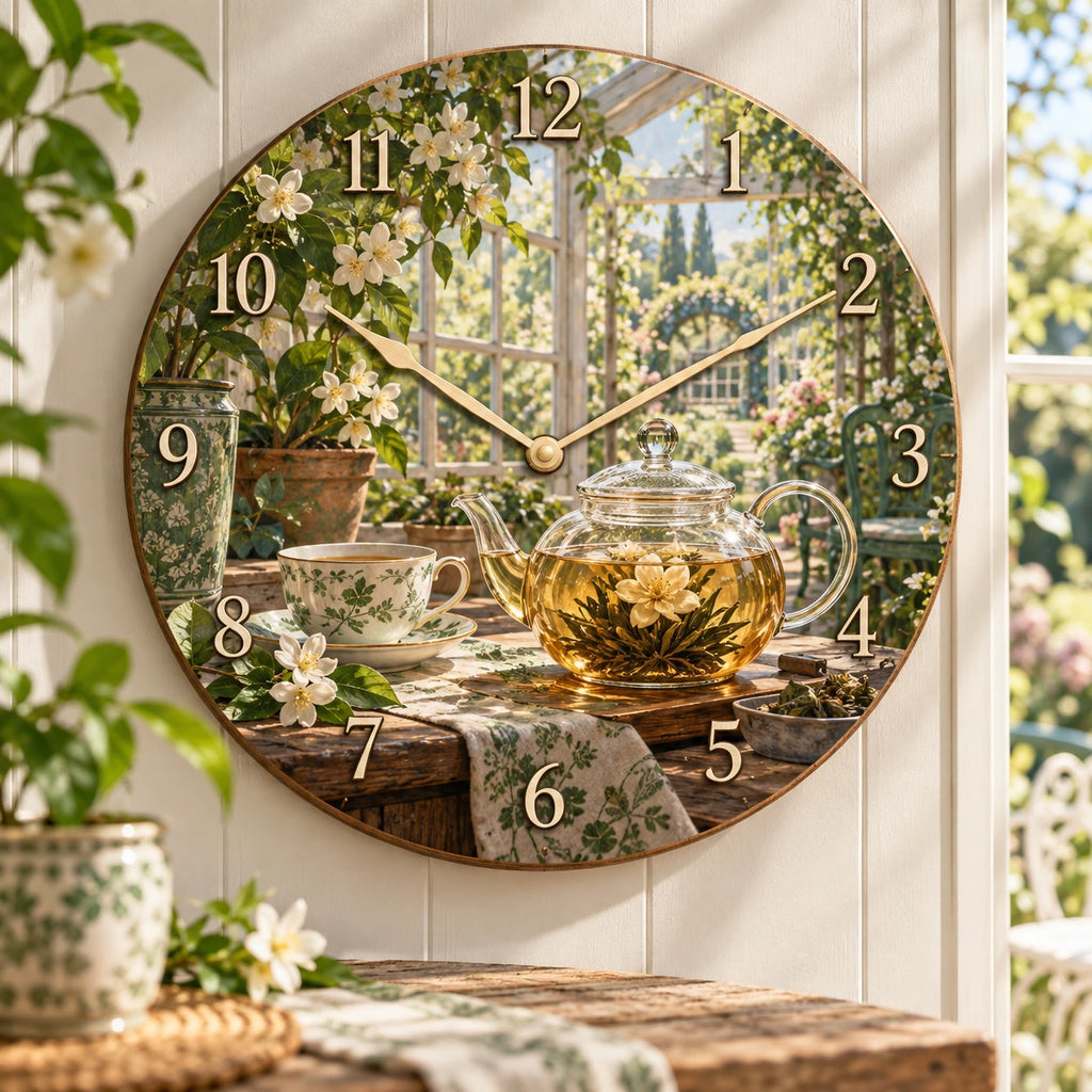 Glass Teapot Garden Tea Wooden Wall Clock with printed dimensional artwork