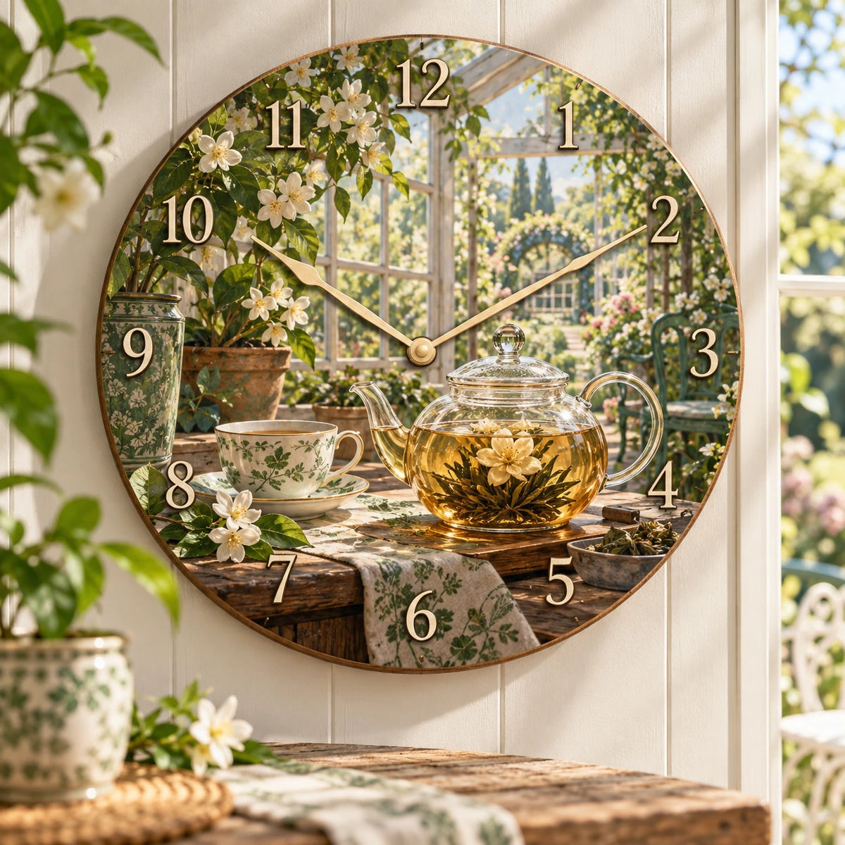 Glass Teapot Garden Tea Wooden Wall Clock with printed dimensional artwork