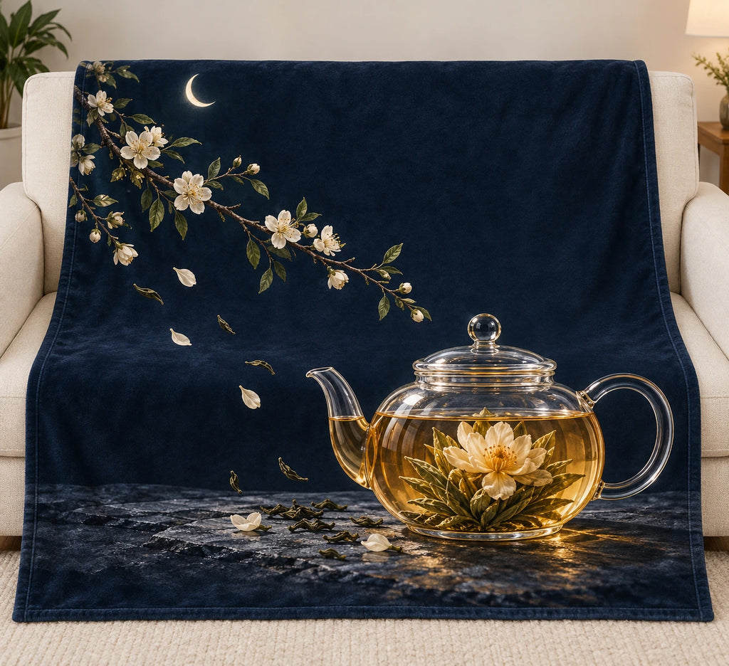 Glass Teapot Moonlit Bloom Fleece Blanket with printed transparent tea and botanical depth