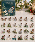 Glasswing Butterfly advent calendar with 24 custom-shaped flat acrylic charms and printed dimensional artwork