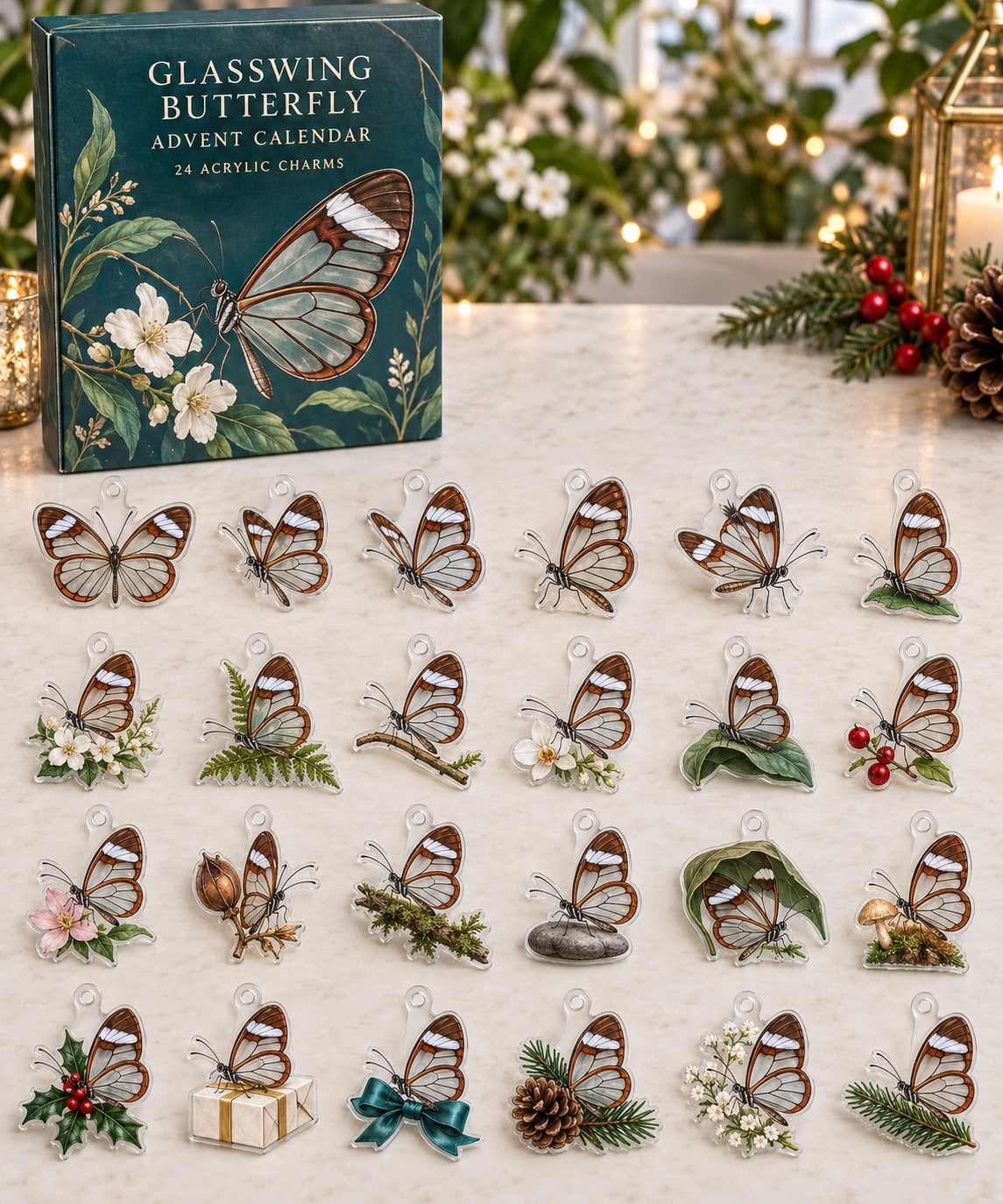 Glasswing Butterfly advent calendar with 24 custom-shaped flat acrylic charms and printed dimensional artwork