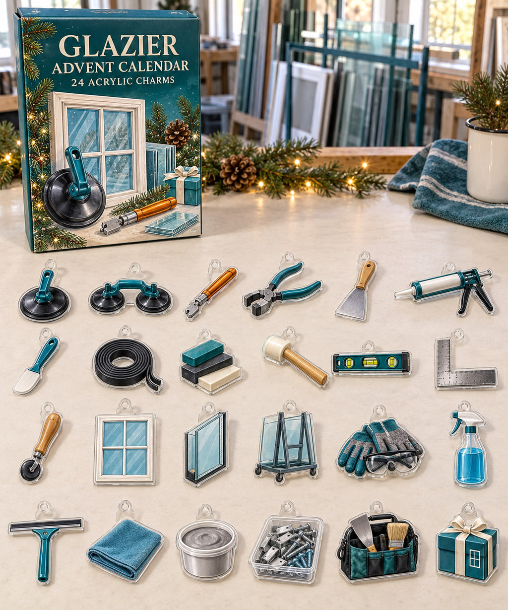 Glazier advent calendar with 24 custom-shaped flat acrylic charms and printed dimensional artwork