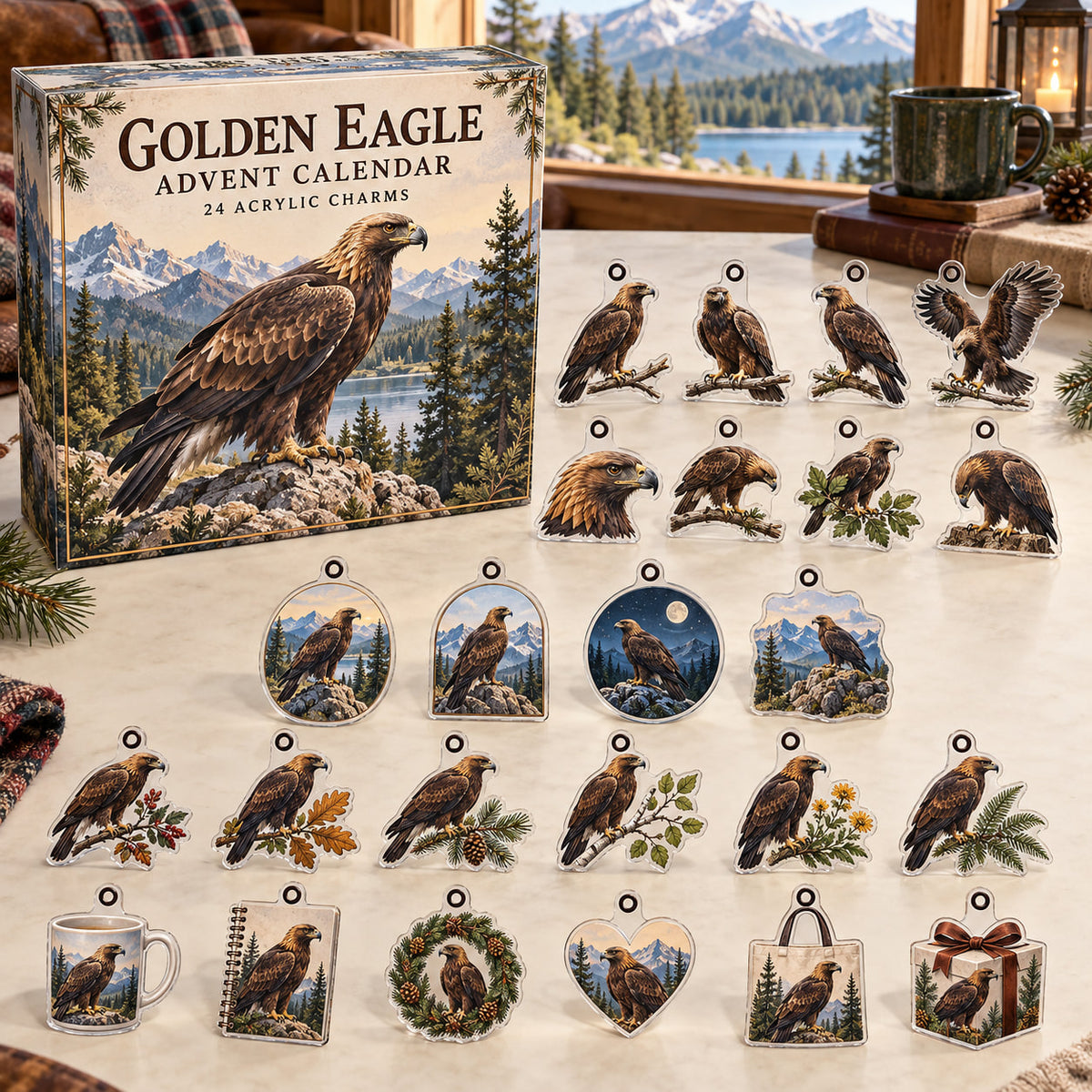 Golden Eagle advent calendar box with 24 themed flat printed acrylic charms