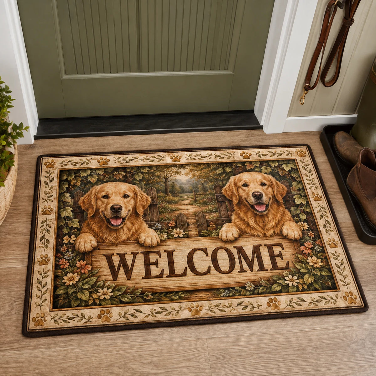 Golden Paws Welcome doormat with a dimensional printed design in a golden retriever entry setting