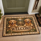 Golden Paws Welcome doormat with a dimensional printed design in a golden retriever entry setting