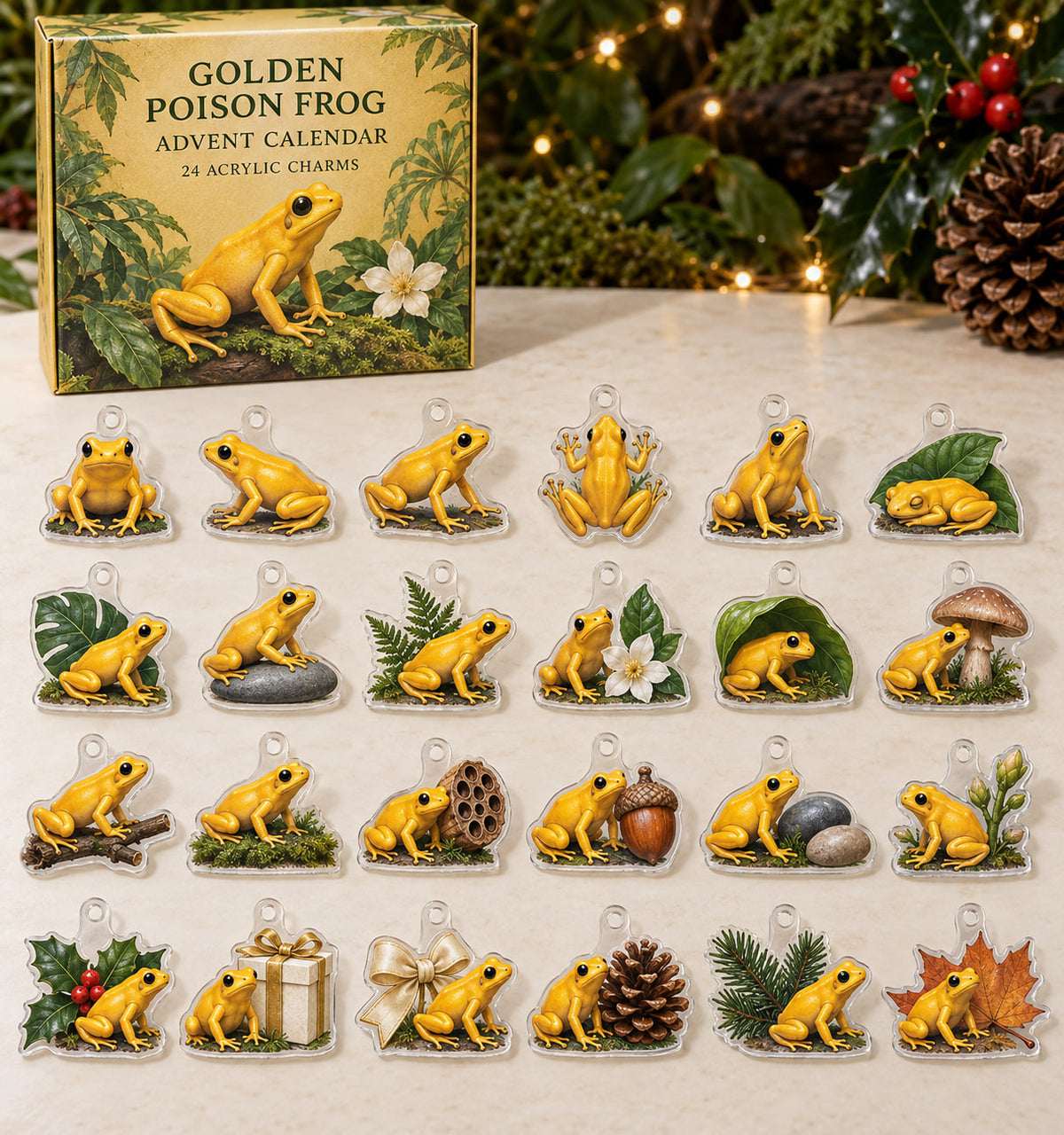 Golden Poison Frog advent calendar with 24 custom-shaped flat acrylic charms and printed dimensional artwork