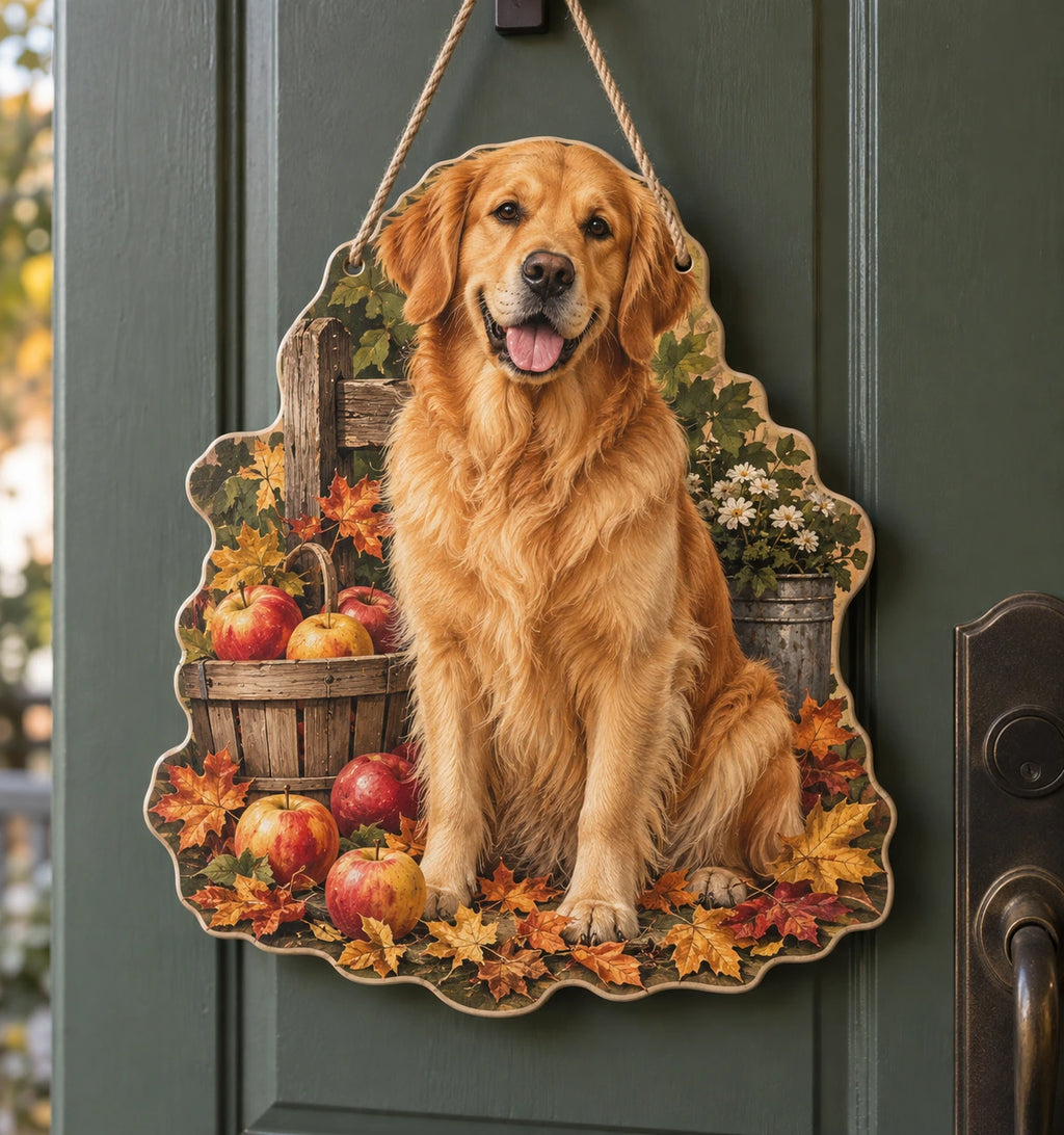Golden Retriever Autumn Orchard Custom Shape Door Hanger with printed dimensional artwork
