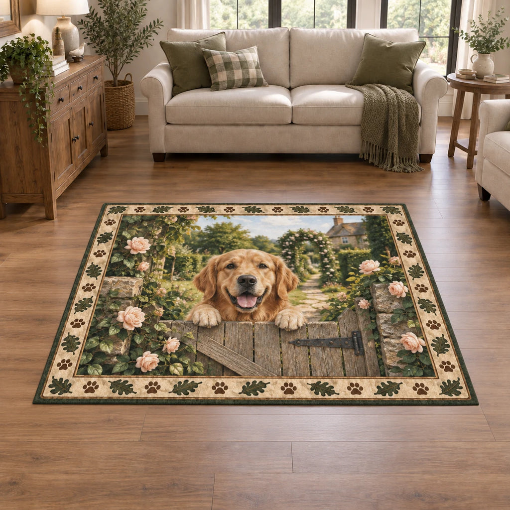 Golden Retriever Garden Gate Area Rug with dimensional printed artwork in a coordinated indoor setting
