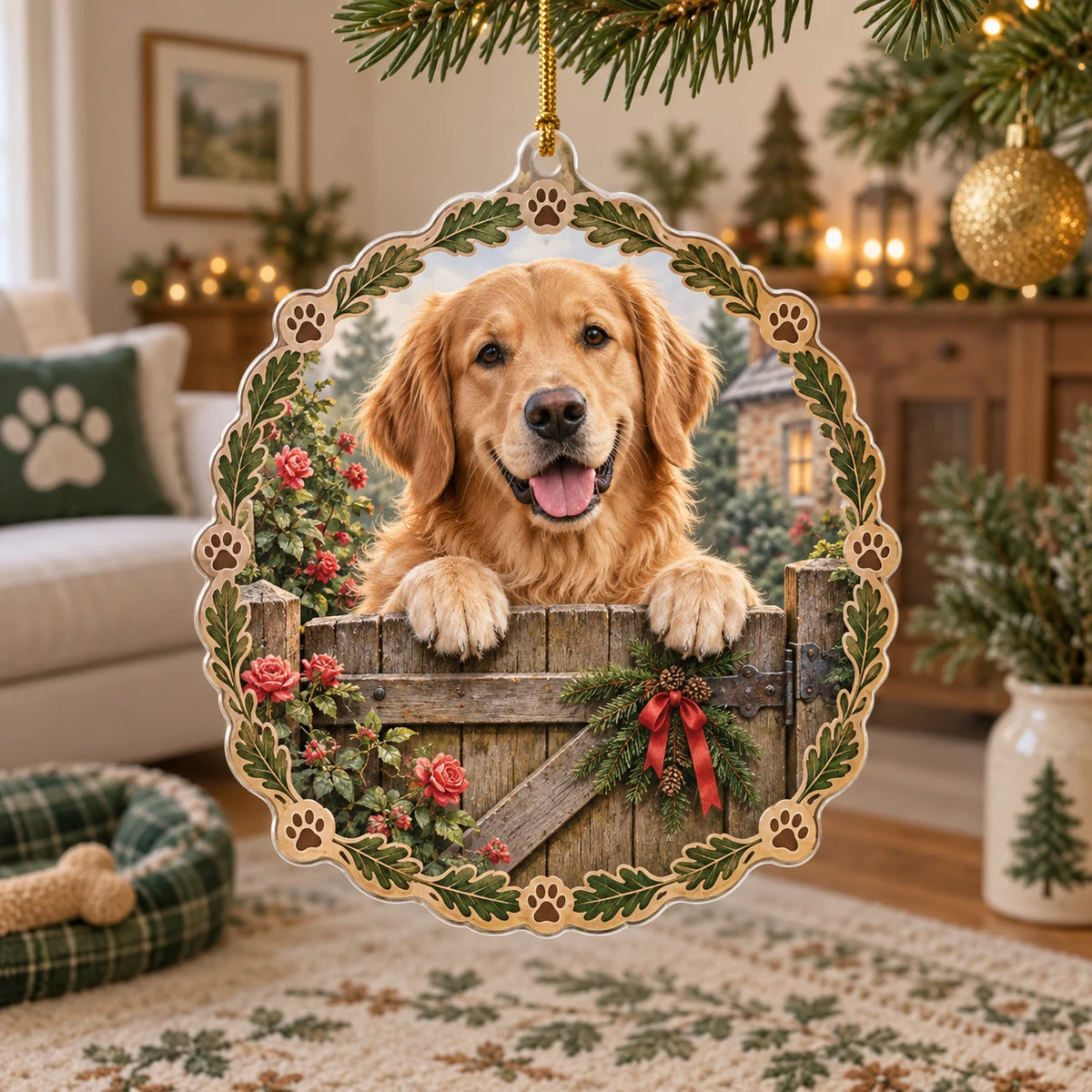 Golden Retriever acrylic Christmas ornament with garden gate, red ribbon and paw-and-oak frame