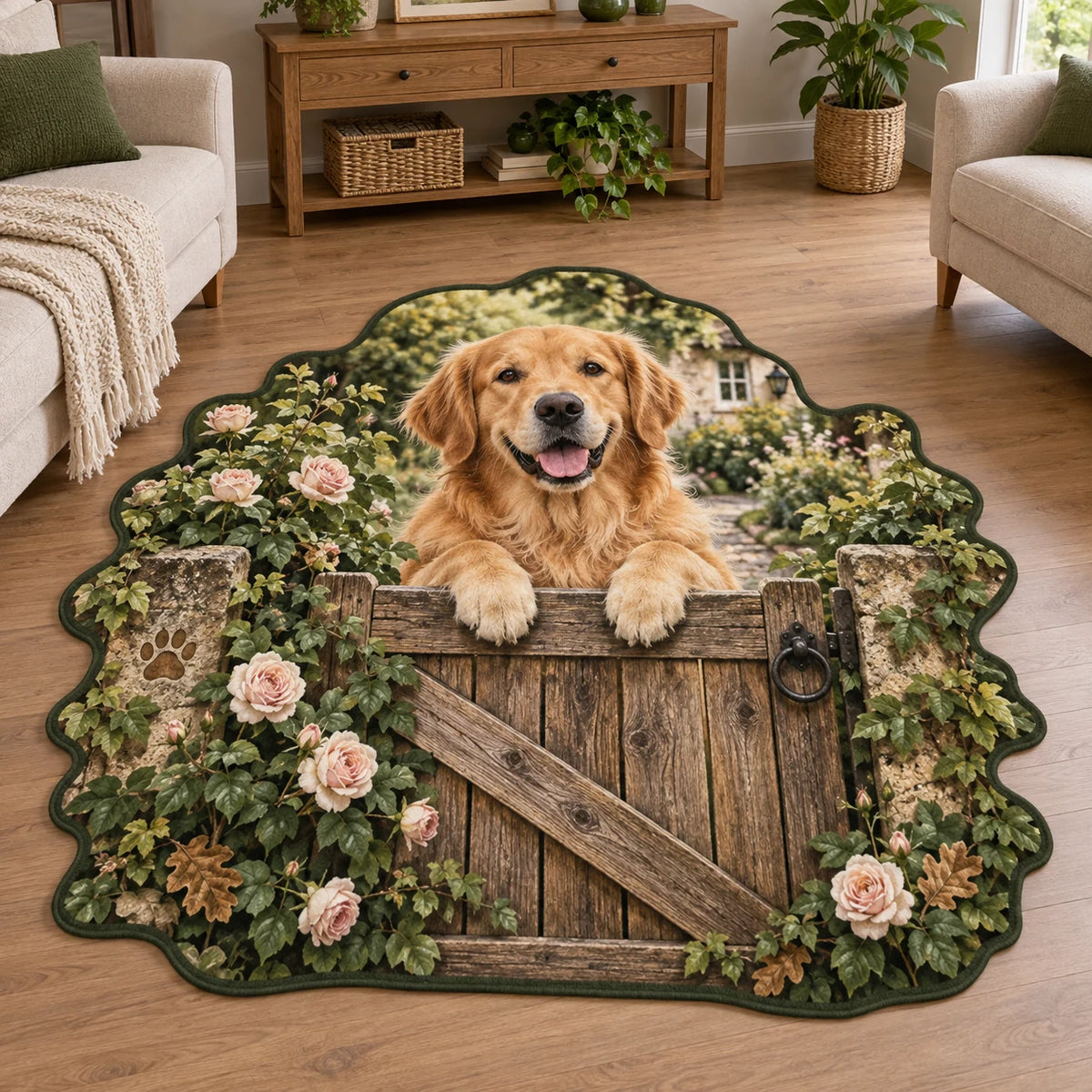 Golden Retriever custom shape rug with rustic gate, blush roses and dark-green contour binding