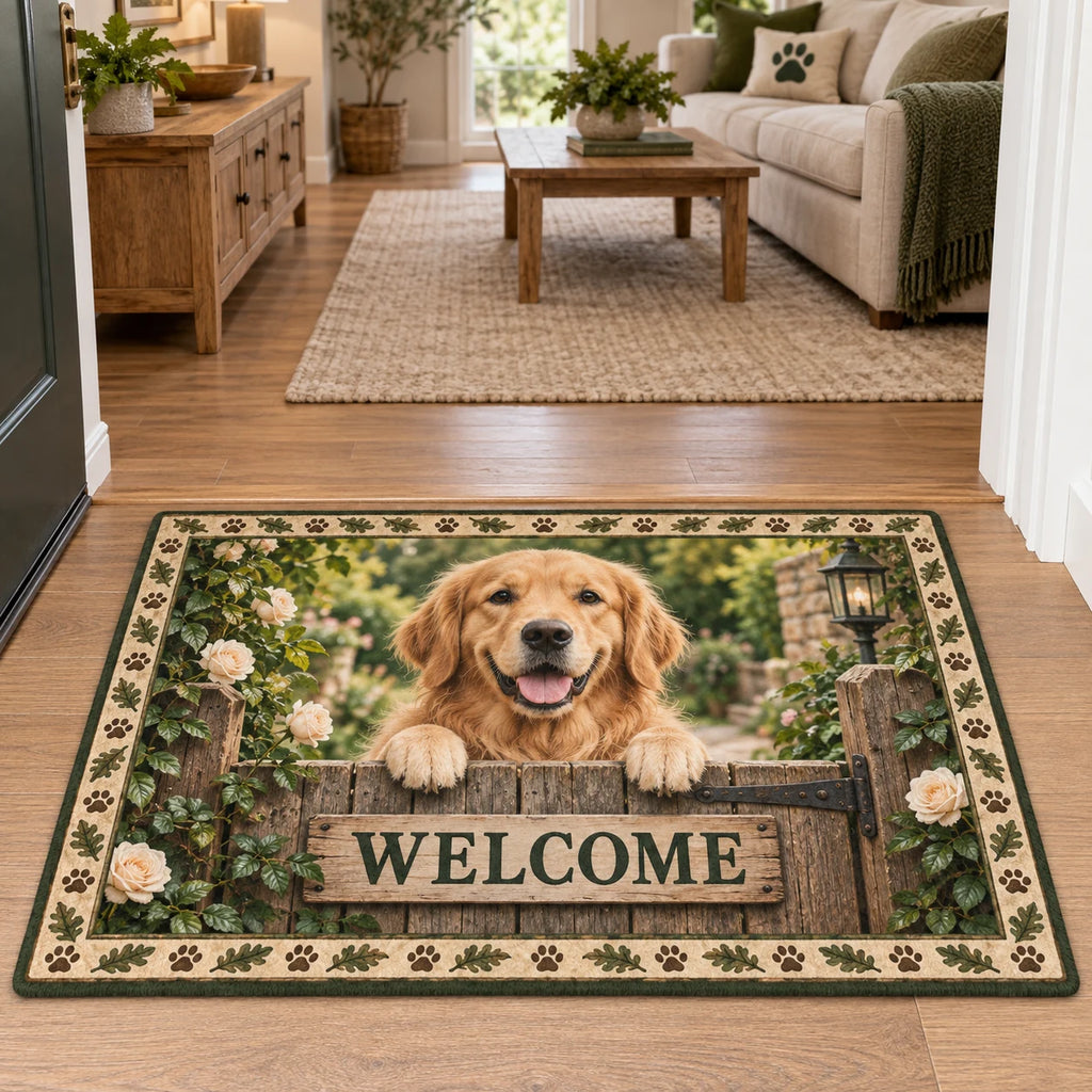 Golden Retriever WELCOME doormat with rose-covered gate and paw-and-oak border at an indoor doorway
