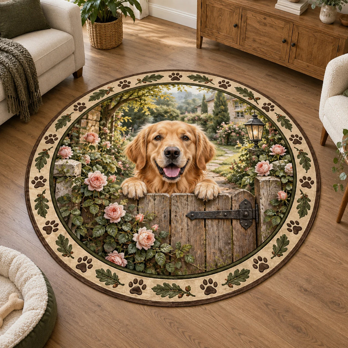 Golden Retriever Garden Gate Round Mat Rug with dimensional printed artwork in a coordinated indoor setting