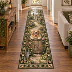 Golden Retriever runner rug with a rose-covered gate, winding path and green paw-and-oak rails