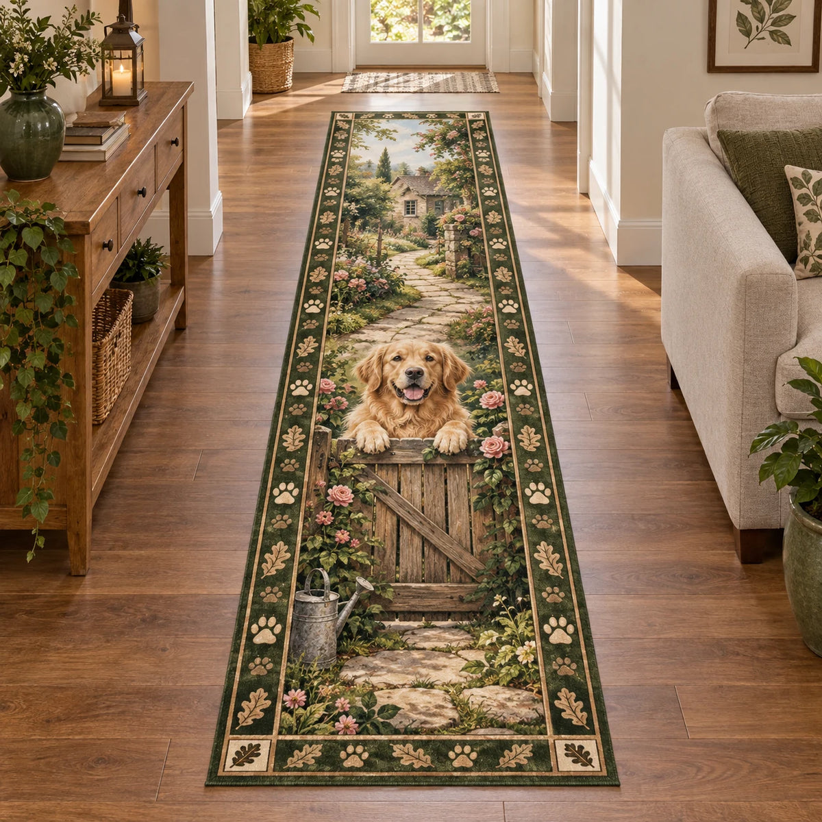Golden Retriever runner rug with a rose-covered gate, winding path and green paw-and-oak rails