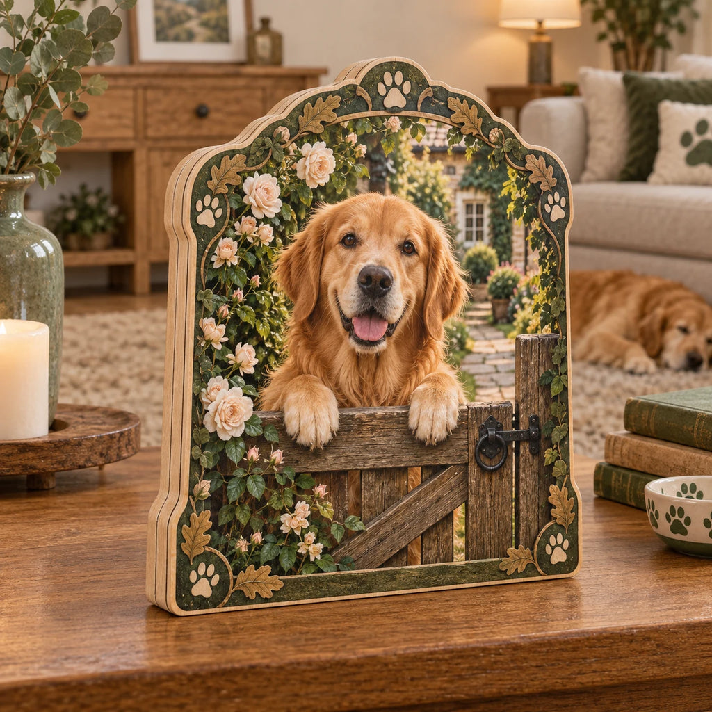 Three-layer wooden block with a Golden Retriever at a garden gate and green paw-and-oak frame