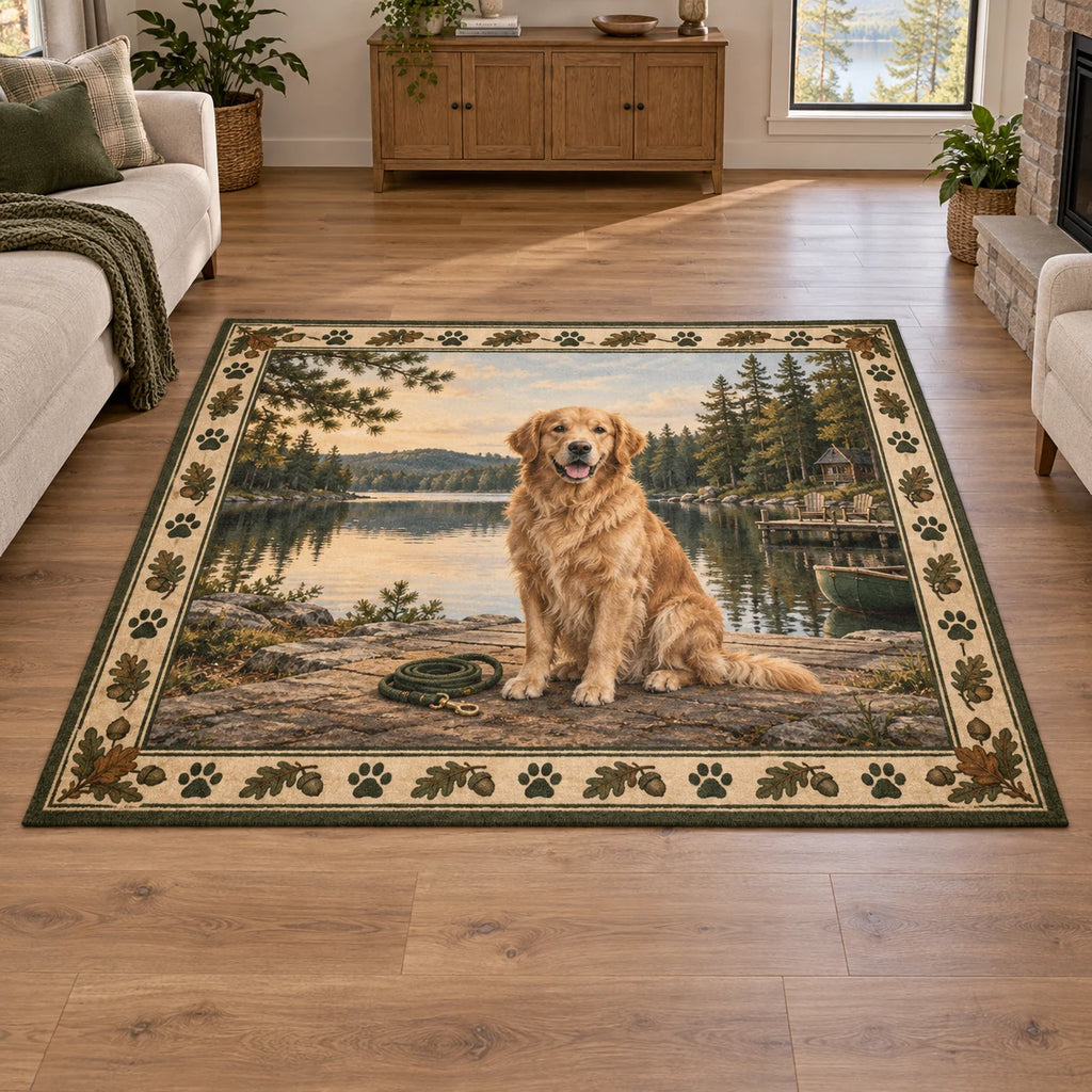 Golden Retriever Lakeside Weekend Area Rug featuring a seated golden retriever beside a lake with an oak-and-paw border