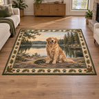Golden Retriever Lakeside Weekend Area Rug featuring a seated golden retriever beside a lake with an oak-and-paw border