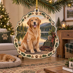 Golden Retriever Lakeside Weekend Christmas Ornament featuring a seated golden retriever beside a lake with an oak-and-paw border