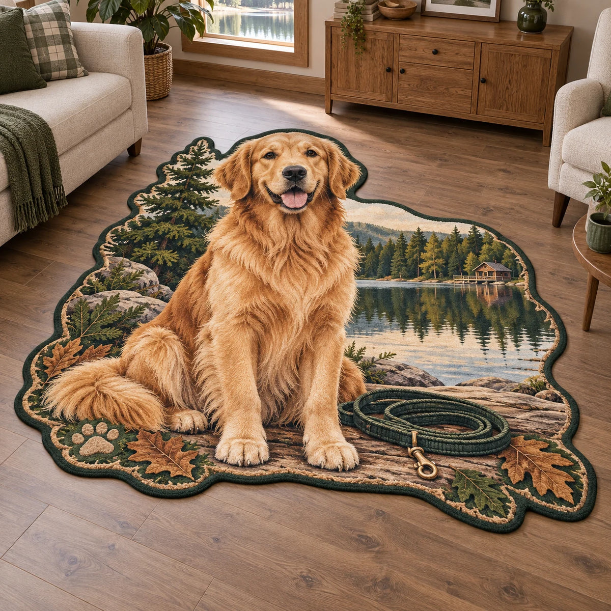 Golden Retriever Lakeside Custom Shape Area Rug with a golden retriever, calm lake and cream oak-and-paw border.