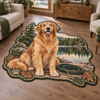 Golden Retriever Lakeside Custom Shape Area Rug with a golden retriever, calm lake and cream oak-and-paw border.