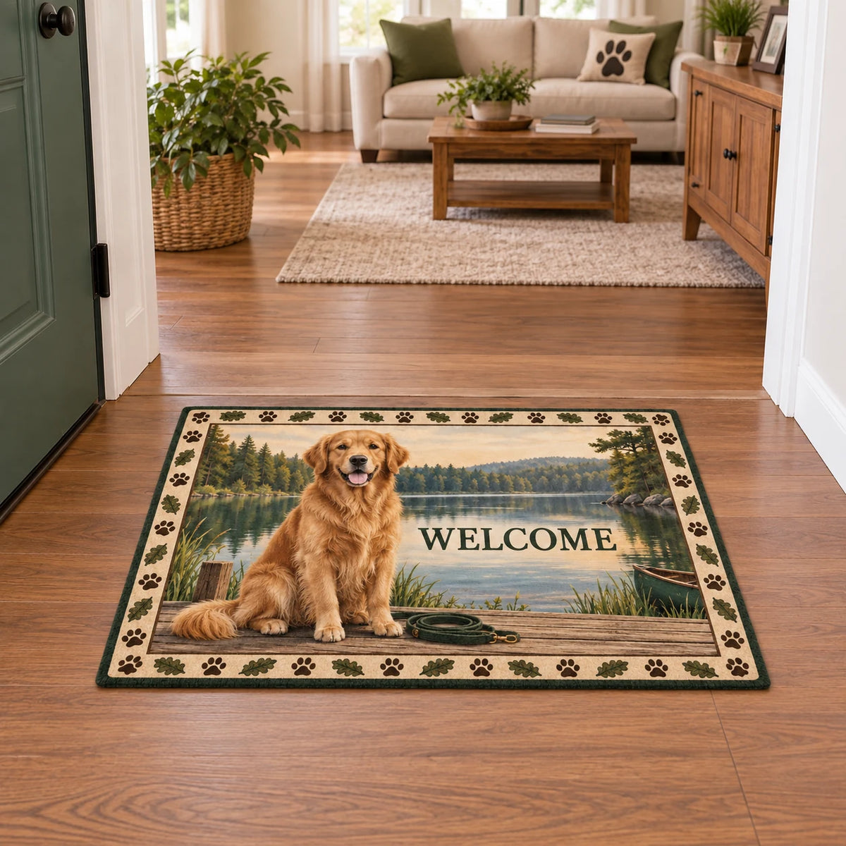Golden Retriever Lakeside Welcome Doormat with a golden retriever, calm lake and cream oak-and-paw border.