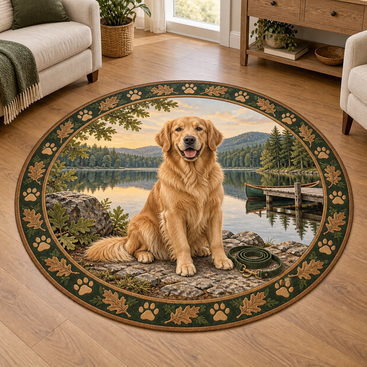 Golden Retriever Lakeside Weekend Round Mat Rug featuring a seated golden retriever beside a lake with an oak-and-paw border