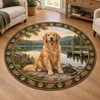 Golden Retriever Lakeside Weekend Round Mat Rug featuring a seated golden retriever beside a lake with an oak-and-paw border