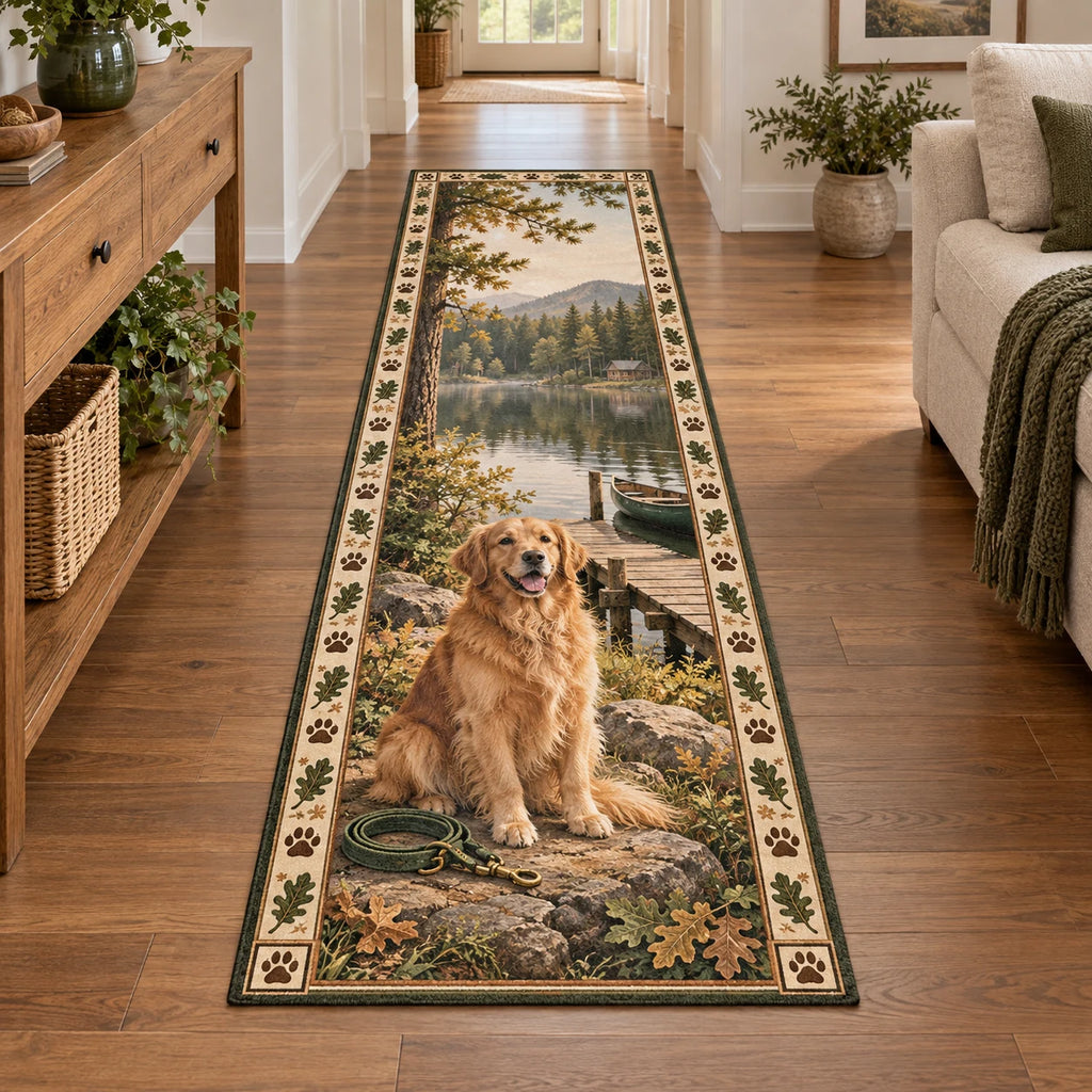Golden Retriever Lakeside Weekend Runner Rug featuring a seated golden retriever beside a lake with an oak-and-paw border