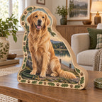 Golden Retriever Lakeside Wooden Block 3 Layer with a golden retriever, calm lake and cream oak-and-paw border.