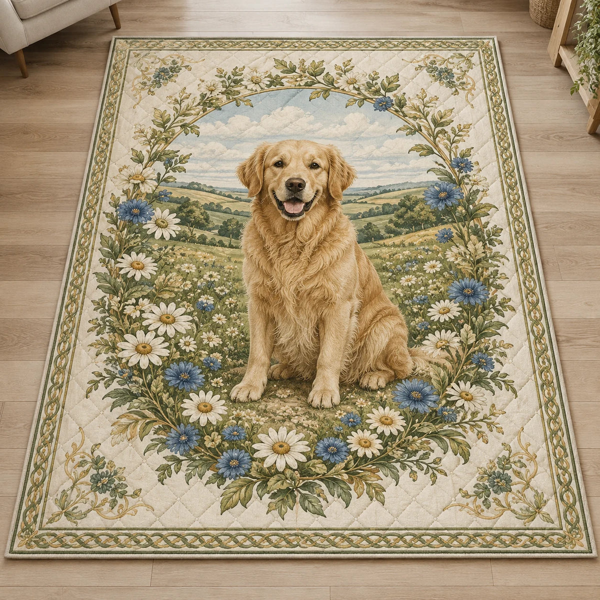 Golden retriever with white daisies and blue flowers in a sage meadow medallion on an ivory area rug.