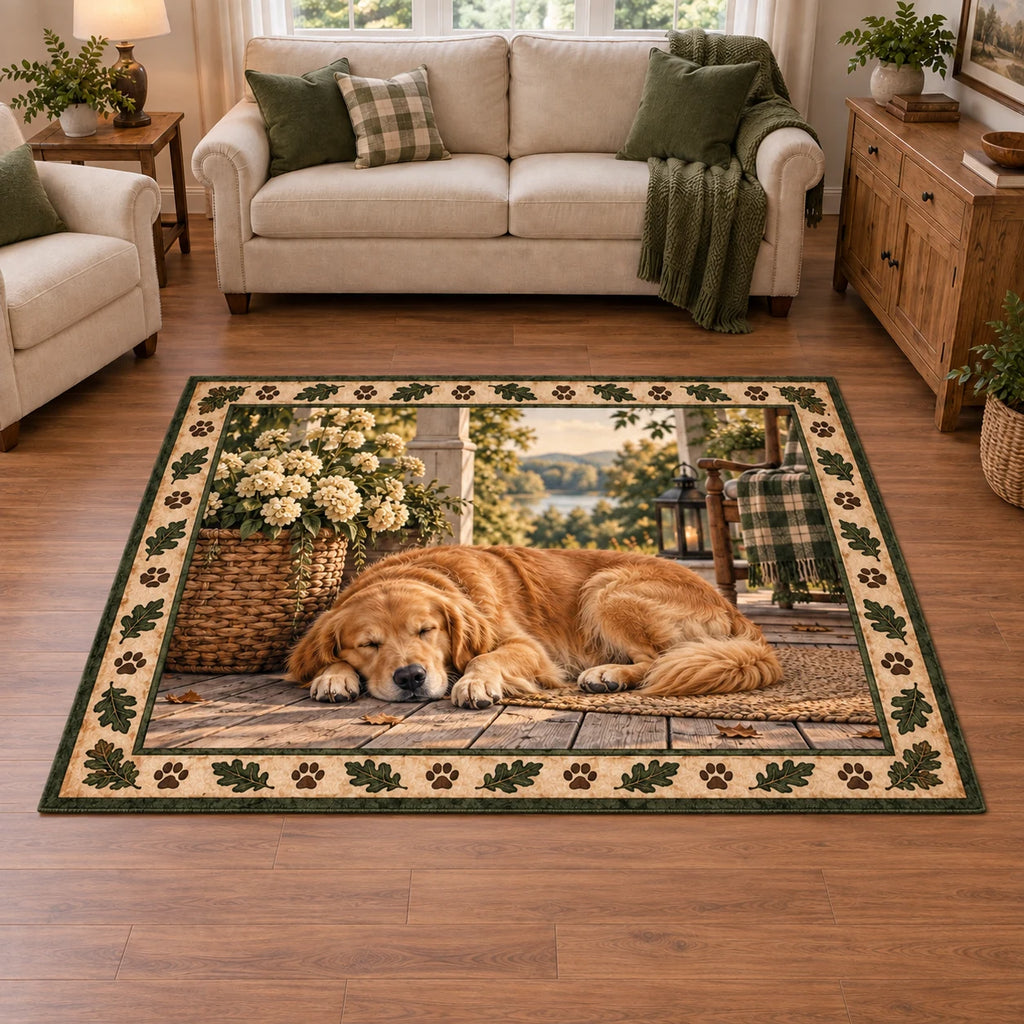 Area Rug with a sleeping golden retriever beside a cream flower basket, oak leaves and paw motifs, rendered with printed 3D shading.