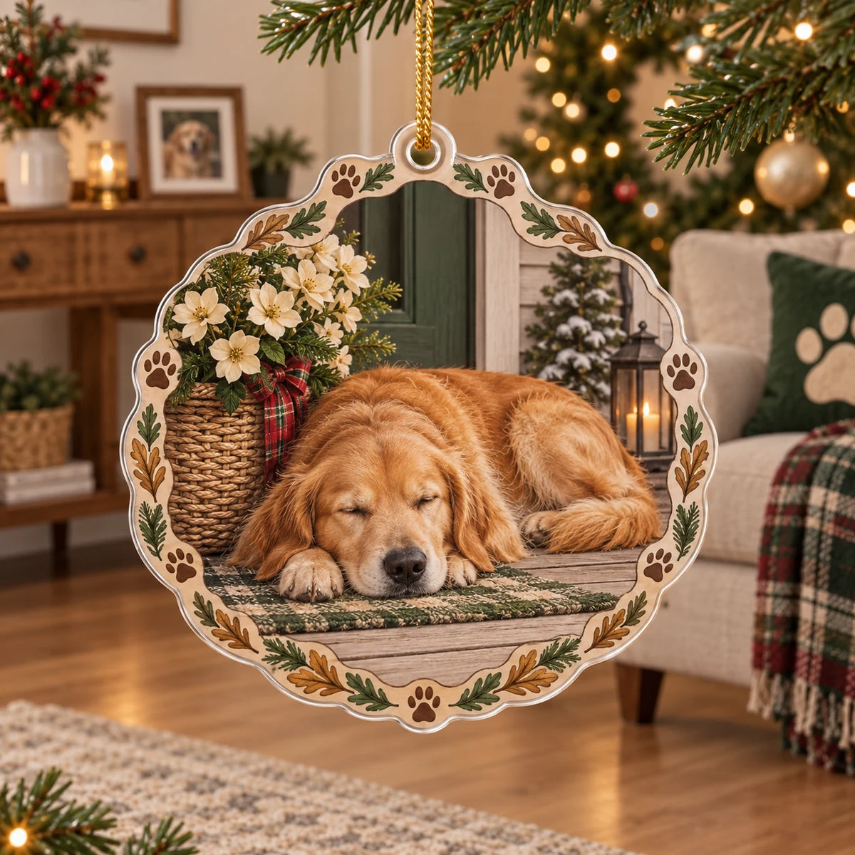 Christmas Ornament with a sleeping golden retriever beside a cream flower basket, oak leaves and paw motifs, rendered with printed 3D shading.
