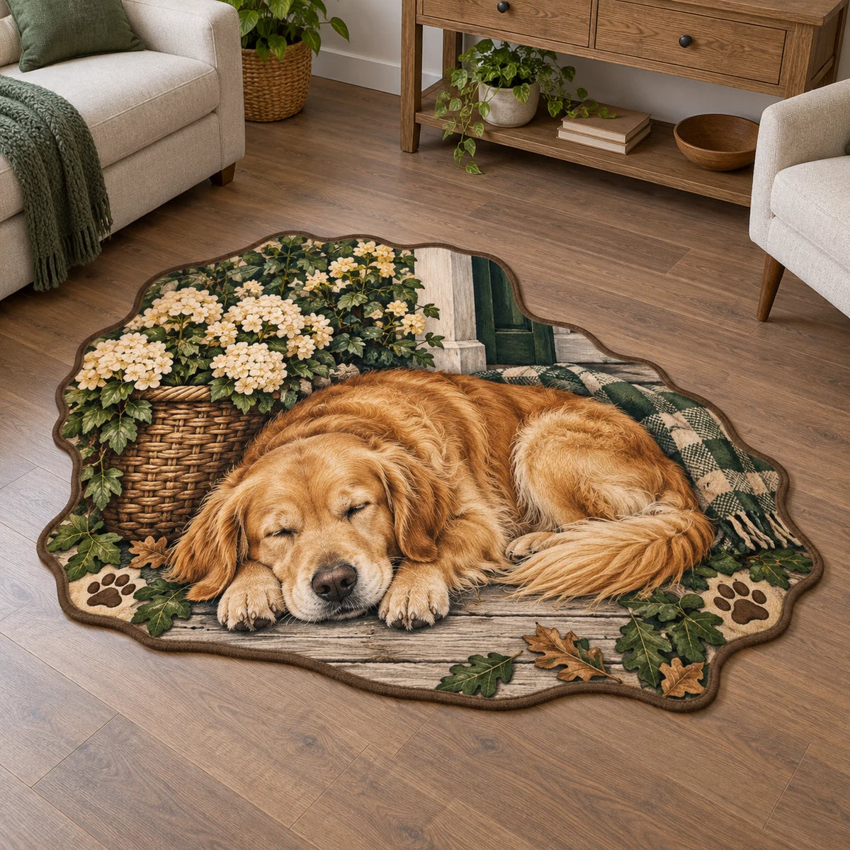 Custom Shape Area Rug with a sleeping golden retriever beside a cream flower basket, oak leaves and paw motifs, rendered with printed 3D shading.
