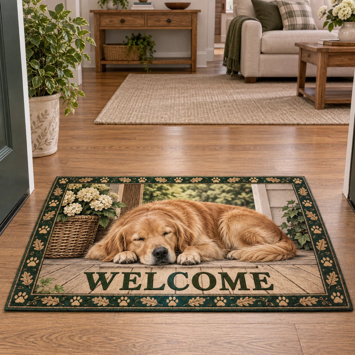 Doormat with a sleeping golden retriever beside a cream flower basket, oak leaves and WELCOME lettering, rendered with printed 3D shading.