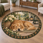 Round Mat Rug with a sleeping golden retriever beside a cream flower basket, oak leaves and paw motifs, rendered with printed 3D shading.