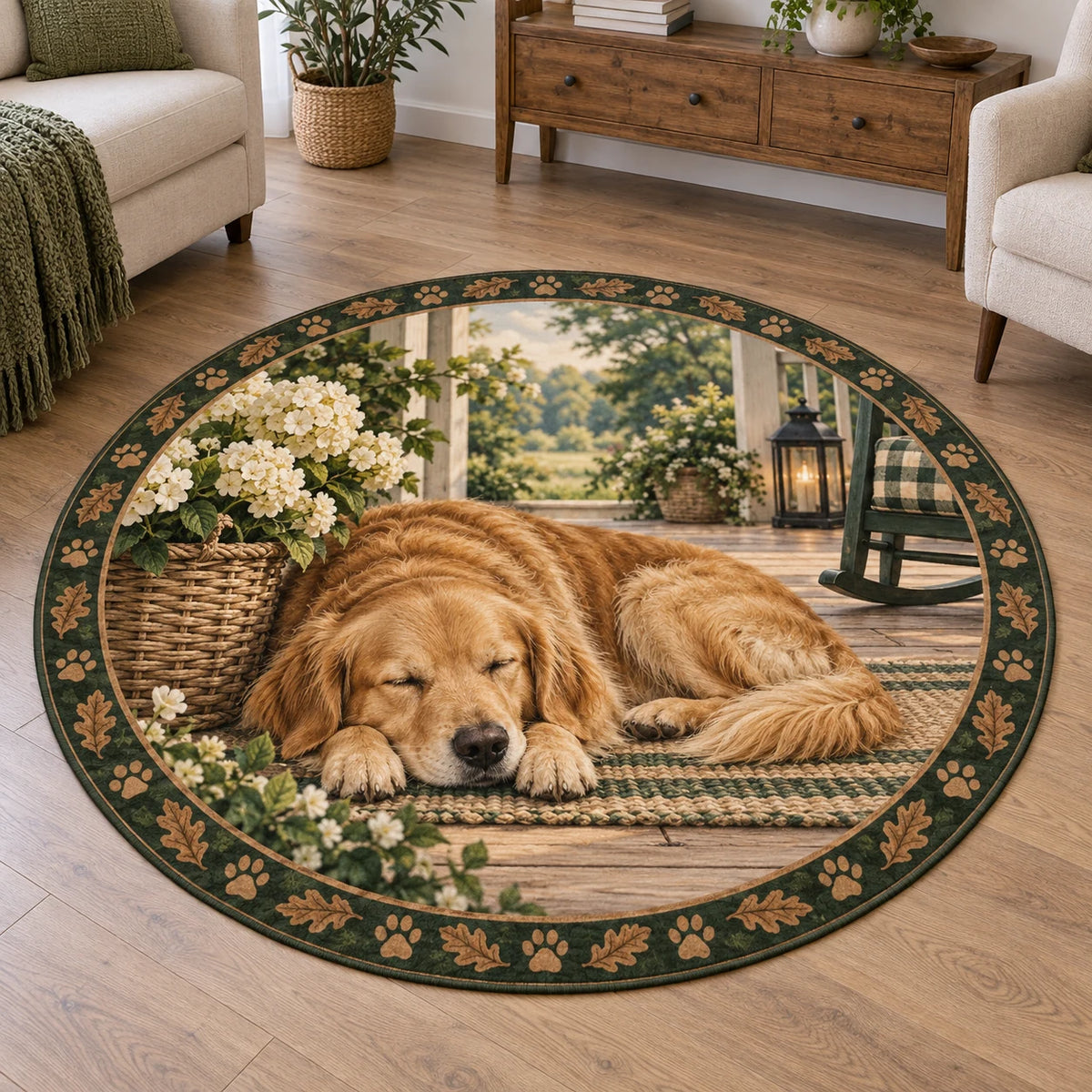 Round Mat Rug with a sleeping golden retriever beside a cream flower basket, oak leaves and paw motifs, rendered with printed 3D shading.