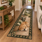 Runner Rug with a sleeping golden retriever beside a cream flower basket, oak leaves and paw motifs, rendered with printed 3D shading.
