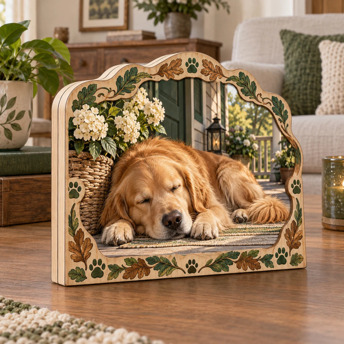 Three-layer wooden block with sleeping golden retriever, cream flower basket and oak-leaf paw border.