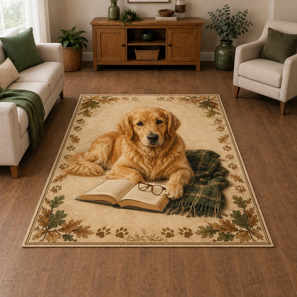 Golden Retriever beside an open book on a rectangular area rug with an oak leaf and paw border