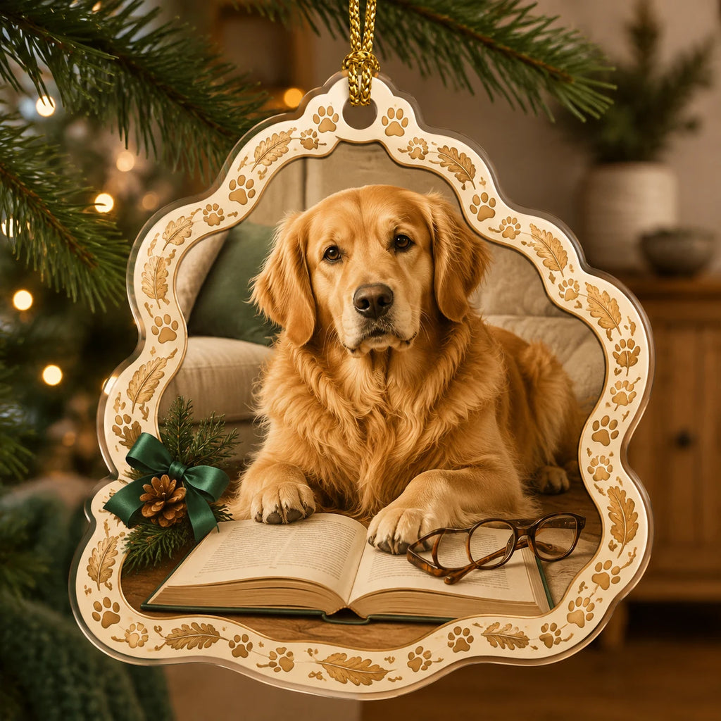 Golden Retriever reading companion acrylic Christmas ornament with an open book and matching paw and oak leaf border