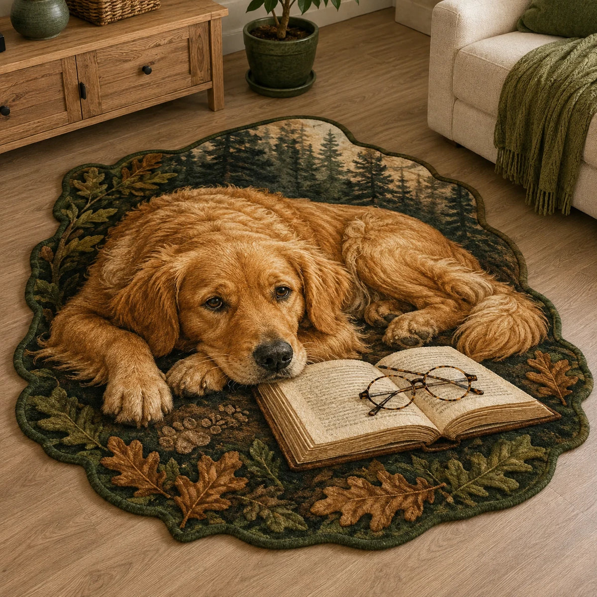 Golden Retriever reading companion custom shape rug with an open book and matching paw and oak leaf border