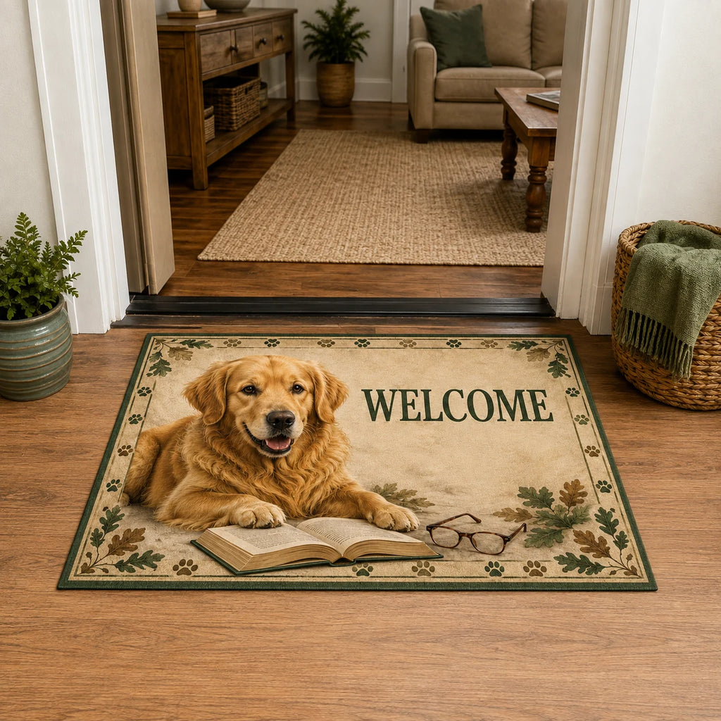 Golden Retriever beside an open book on a WELCOME doormat with an oak leaf and paw border