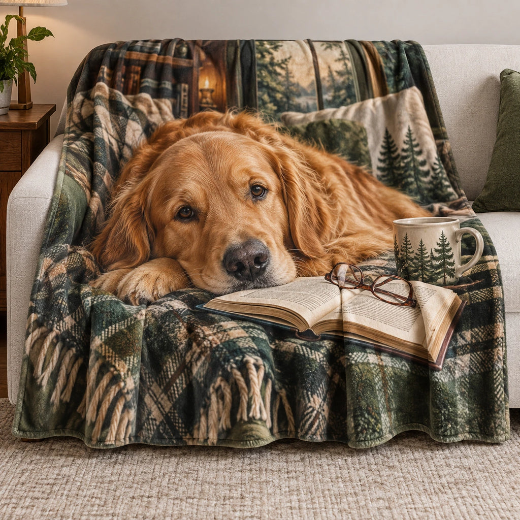 Golden Retriever Reading Companion Fleece Blanket with printed dimensional artwork