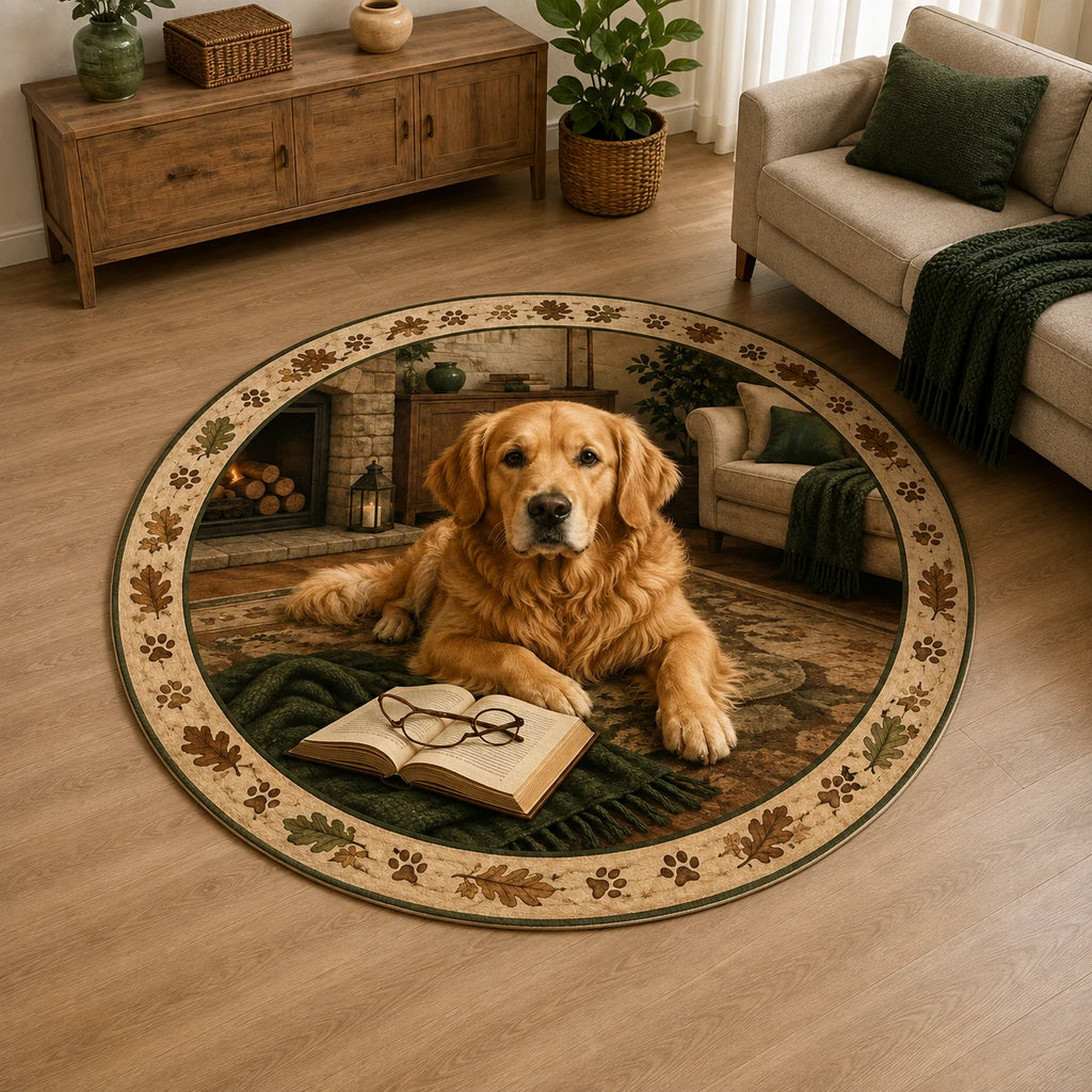 Golden Retriever beside an open book on a round mat rug with an oak leaf and paw border