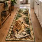 Golden Retriever reading companion runner rug with an open book and matching paw and oak leaf border